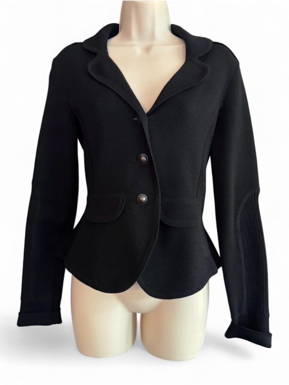 Antonio Melani Black Sweater Blazer Peplum Knit Jacket Wool Blend XS Wool